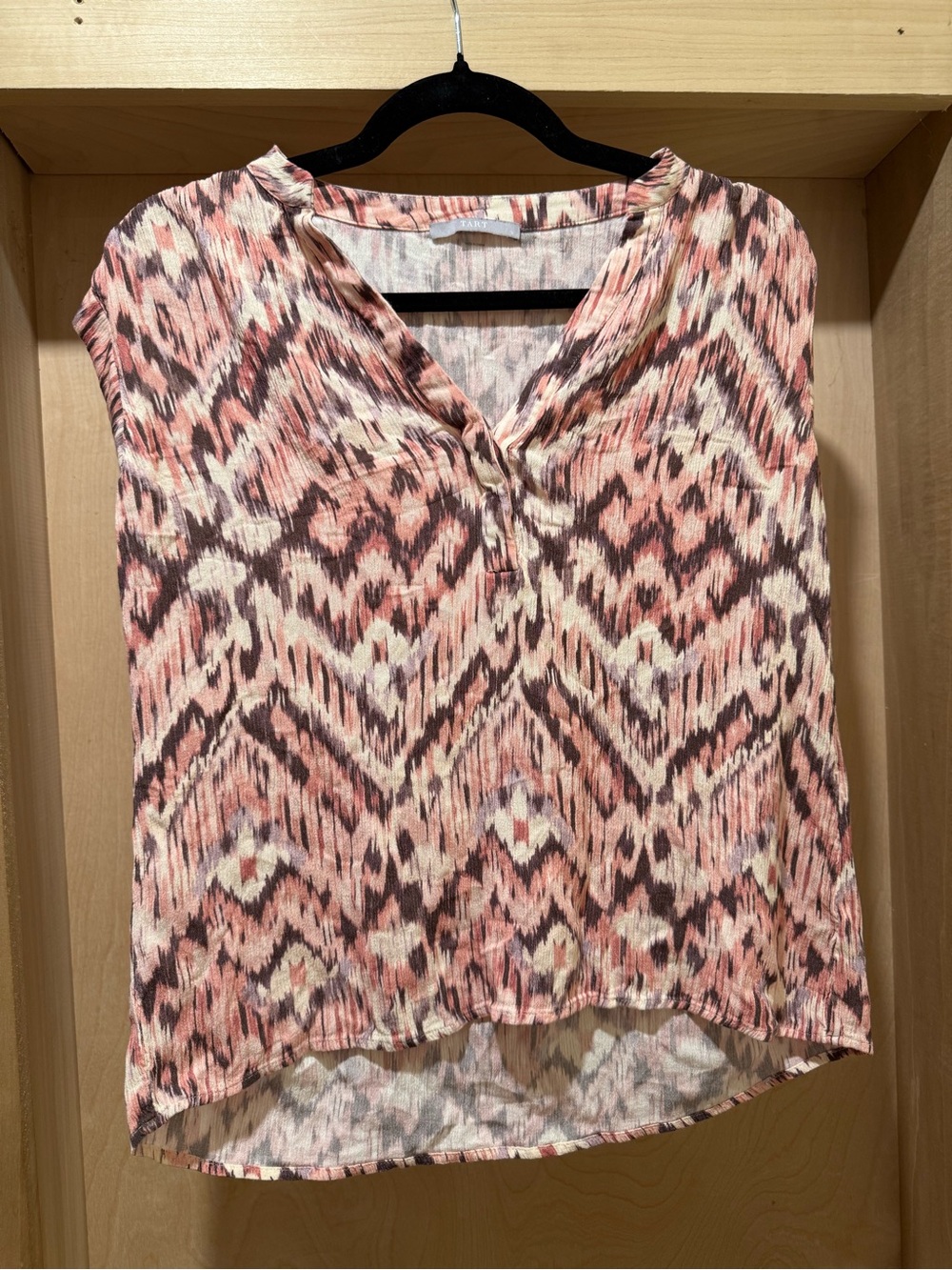 Tart Ikat-Print Sleeveless V-Neck Top in Pink and Brown 100% Viscose Small